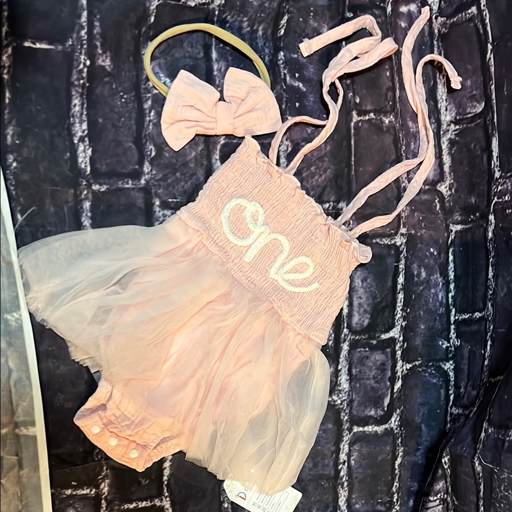 Pink Tulle 'One' Romper with Bow Headband